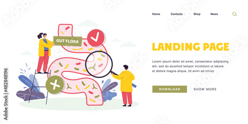 Tiny doctors examining bacteria in gut flora. Gastrointestinal tract with microbes flat vector illustration. Health, digestive system, medicine concept for banner, website design or landing web page