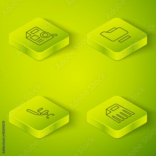 Set Isometric line Document folder, Office chair, Paper shredder and with graph chart icon. Vector