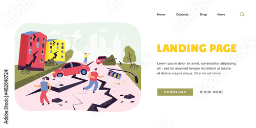 People escaping earthquake flat vector illustration. Emergency, natural disaster in city, cracks in ground, on damaged buildings, people leaving cars, running. Insurance, nature, catastrophe concept