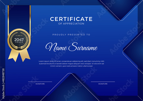 Elegant blue and gold diploma certificate template with gold badge and border