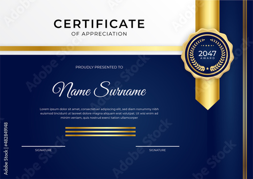 Elegant blue and gold diploma certificate template with gold badge and border