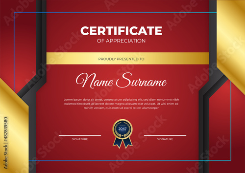 Modern business red and gold certificate of achievement template with gold badge and border