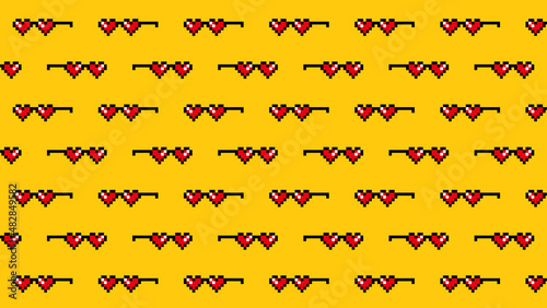 Hearts pixel sunglasses seamless pattern on yellow