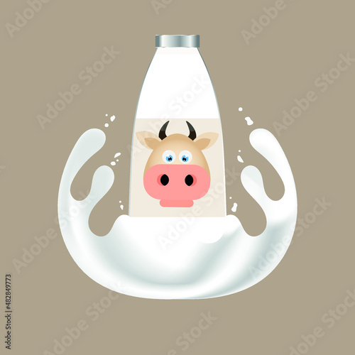 milk bottle with label. splash of milk around a glass bottle. cow on label. vector illustration, eps 10.