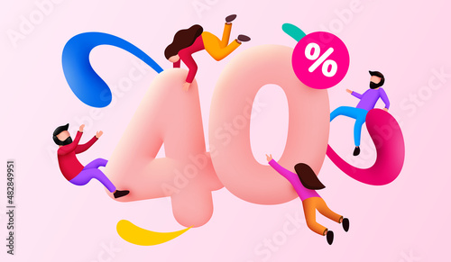 Mega sale. 40 percent discount. Special offer background with flying people. Promotion poster or banner.