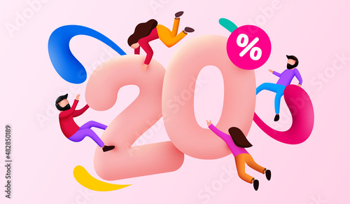 Mega sale. 20 percent discount. Special offer background with flying people. Promotion poster or banner.