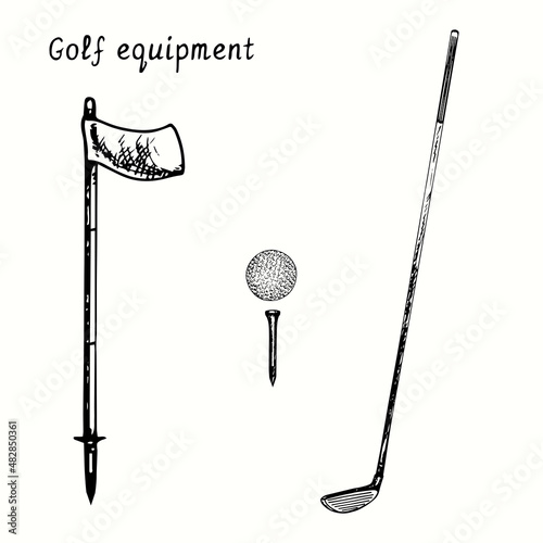 Golf equipment collection. Flag, ball and tee, club. Ink black and white doodle drawing in woodcut style.