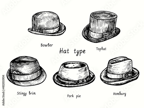 Hat type, bowler, tophat, stingy brim, pork pie, homburg. Ink black and white drawing outline illustration