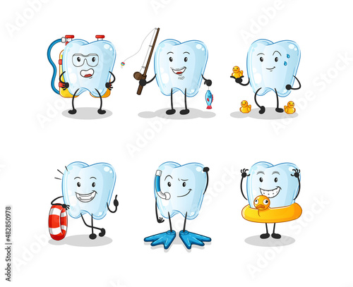 tooth water activity group. cartoon mascot vector