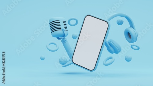 3D illustration, Retro Microphone and Headphone and Smart Phone on blue background