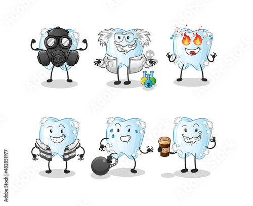 tooth with foam villain group character. cartoon mascot vector