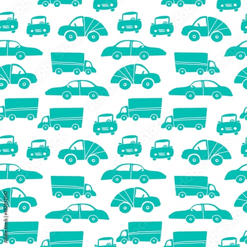 Seamless pattern with cars on a white background. Pattern for boys on fabric: truck, limousine, convertible.
