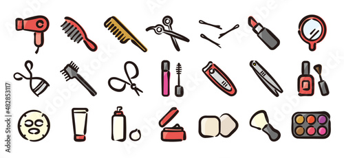 Beauty cosmetics icon set for graphic (Hand-drawn line, colored version)