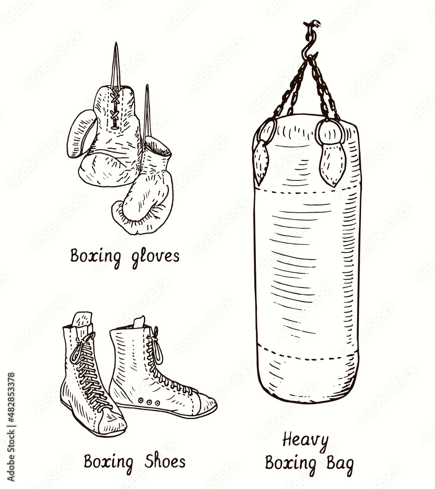 Boxing shoes, gloves and heavy boxing bag. Ink black and white doodle