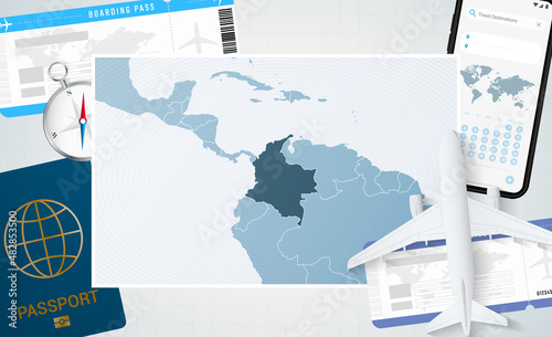 Journey to Colombia, illustration with a map of Colombia. Background with airplane, cell phone, passport, compass and tickets.