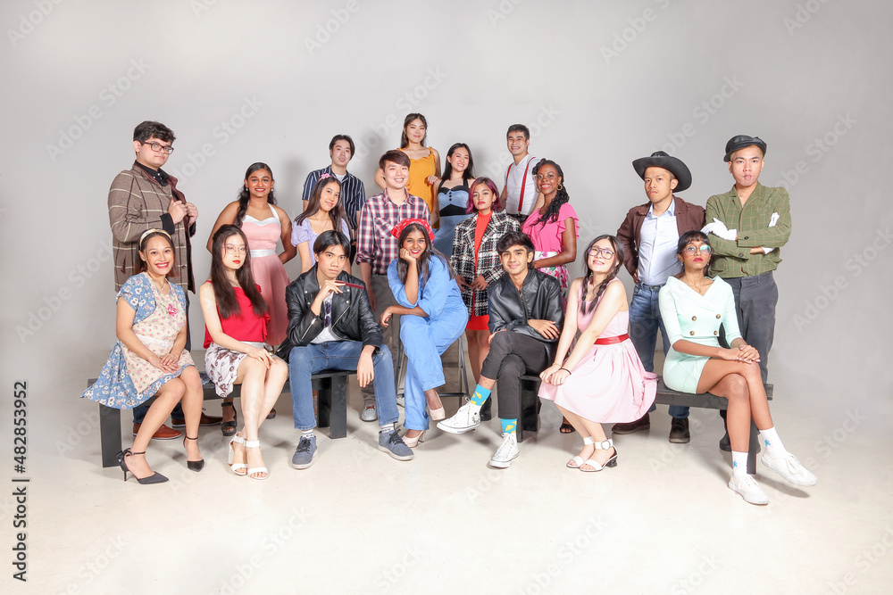 Obraz premium Young aisan large group of man woman drama acting theatre student performing rehearsal expression pose