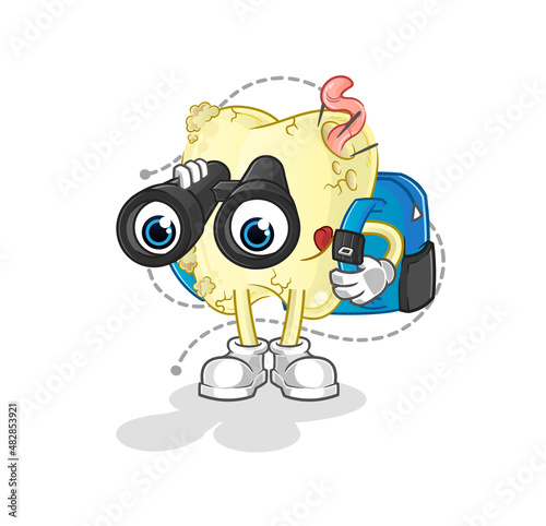 tooth decay with binoculars character. cartoon mascot vector