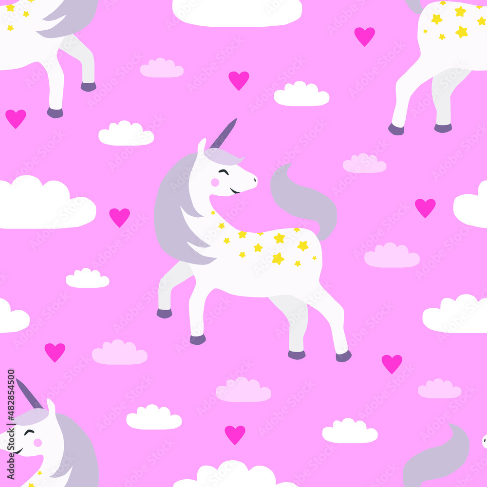 Seamless vector pattern with unicorns, clouds and hearts Seamless vector pattern with unicorns, clouds and hearts