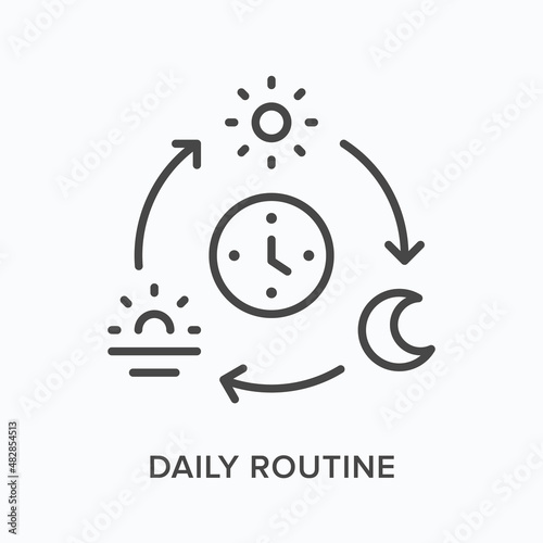 Daily routine flat line icon. Vector outline illustration of sun, moon and sunset. Black thin linear pictogram for everyday activities photo