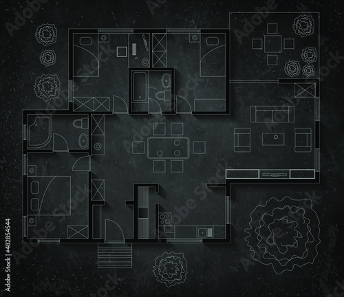 Floor plan of house, on blackboard background with shadows.