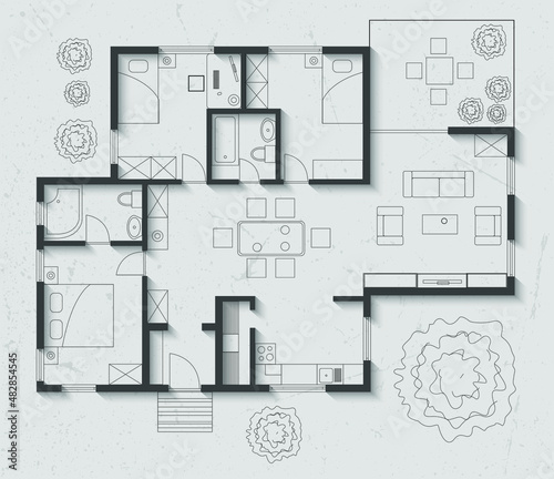 Floor plan of house, on paper background with shadows.