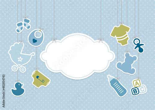 Karte Hängende Babysymbole Junge Mit Wolke Punkte Retroblau Olivgrün