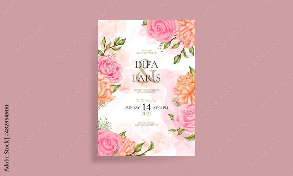 Watercolor rose flower wedding invitation template