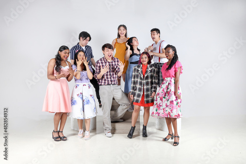 Φωτογραφία Young aisan large group of man woman drama acting theatre student performing reh