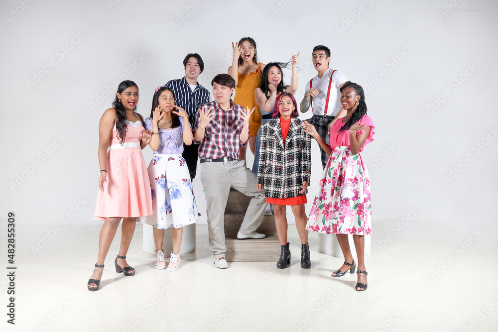 Young aisan large group of man woman drama acting theatre student performing rehearsal expression pose Young aisan large group of man woman drama acting theatre student performing rehearsal expression pose