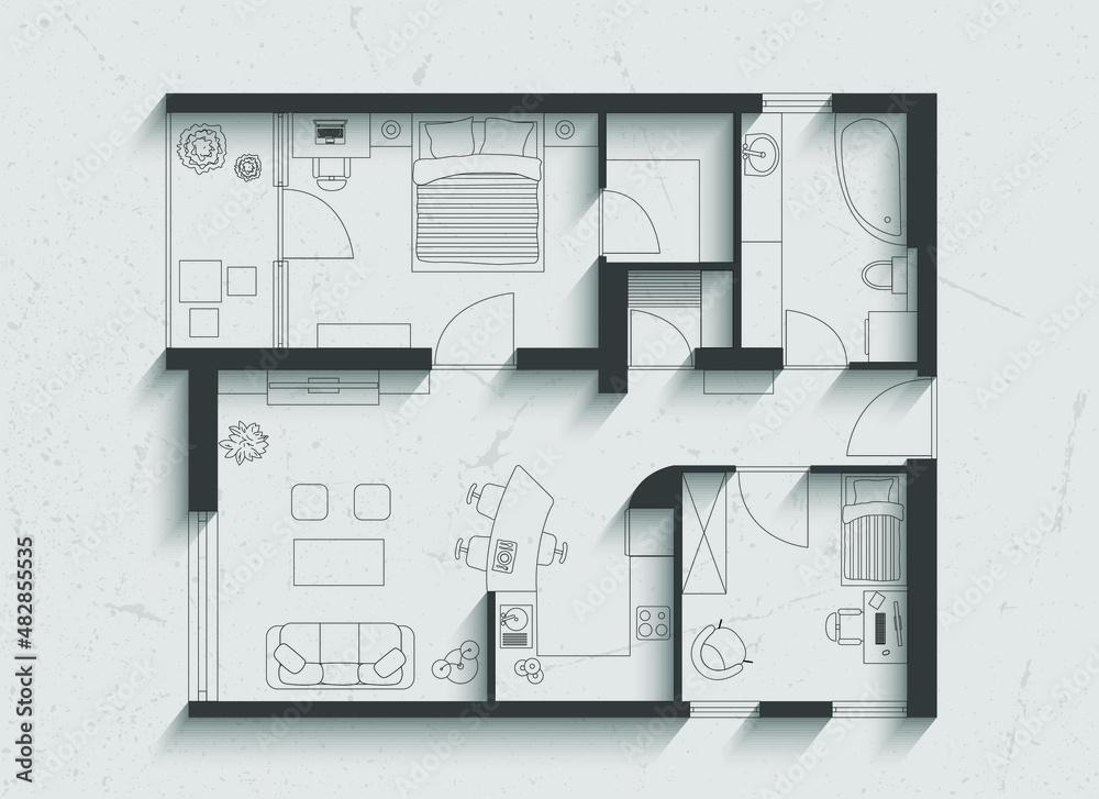 Floor plan of house, on paper background with shadows. - obrazy, fototapety, plakaty 