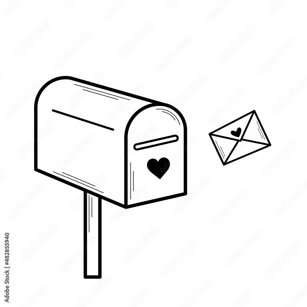 Love letter flies into the mailbox. Valentine's day concept. Hand drawn sketch style. Isolated vector illustration in doodle style. Love letter flies into the mailbox. Valentine's day concept. Hand drawn sketch style. Isolated vector illustration in doodle style.