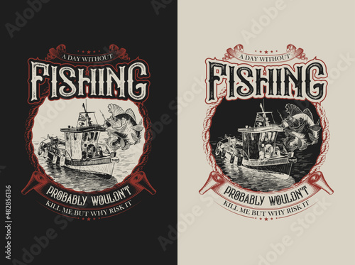 River fishing catch t-shirt catching bite on hook, sheatfish, or catfish engraved vector 