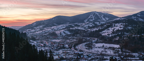 aerial view of Slavske village in Ukrainian Carpathian mountains in winter season
