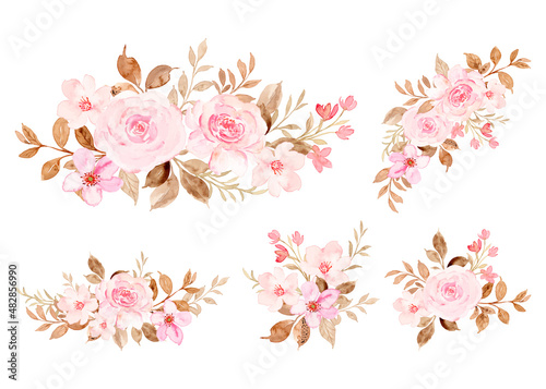 Set pink rose flower arrangement for wedding card with watercolor