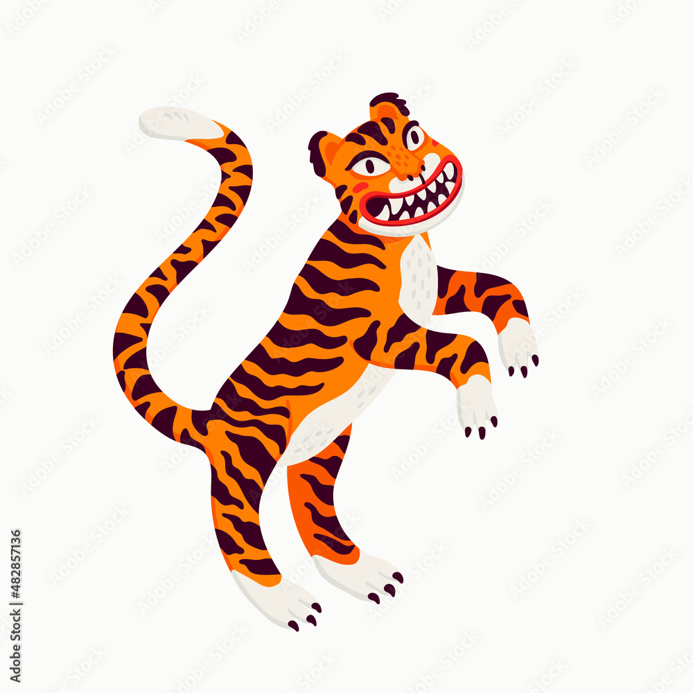 Tiger vector illustration, cartoon orange tiger - the symbol of Chinese new year. Organic flat style vector illustration on white background. Tiger vector illustration, cartoon orange tiger - the symbol of Chinese new year. Organic flat style vector illustration on white background.