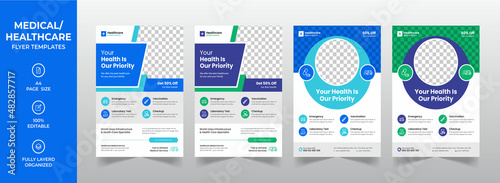 Modern medical corporate healthcare a4 flyer design or creative hospital business brochure cover template with Blue, Green Elements