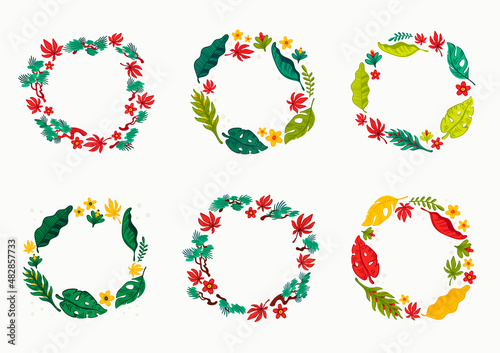 Tropical wreaths, a set of floral round frames with various leaves and flower...