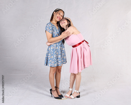 Young aisan woman girl drama acting theatre student performing rehearsal expression pose hug photo