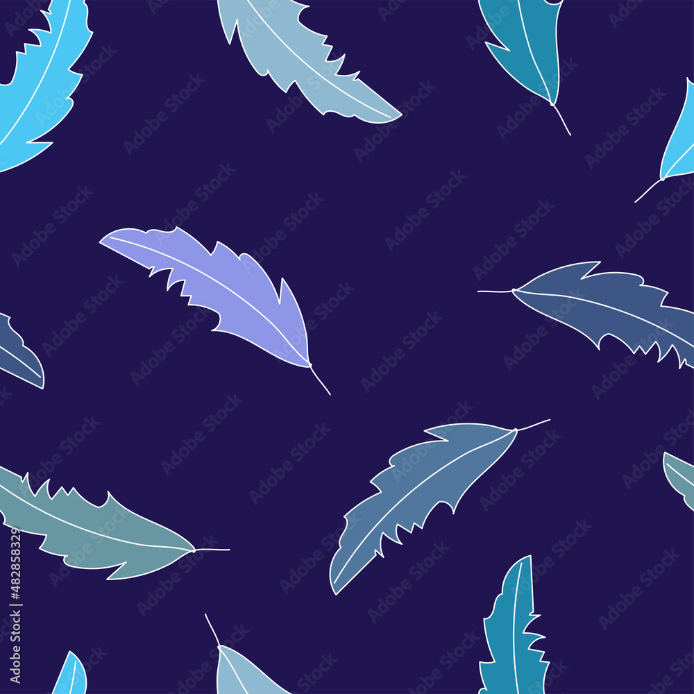 Seamless pattern in vector with hand drawn feathers in doodle style. Colorful elements on dark blue background. Seamless pattern in vector with hand drawn feathers in doodle style. Colorful elements on dark blue background.