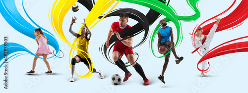 Sport collage. Professional sportsmen in action isolated on white background with blue, yellow, black, green and red stripes, lines.