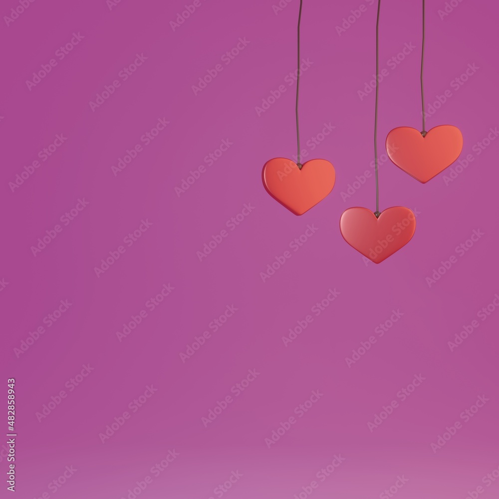 three red hearts on a pink background without shadows - 3d render - valentine's day - beads