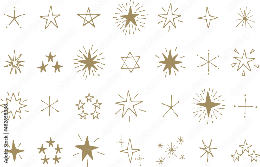 シンプルで可愛い手描きの星 装飾イラストセット きらきら 三ツ星 五つ ...