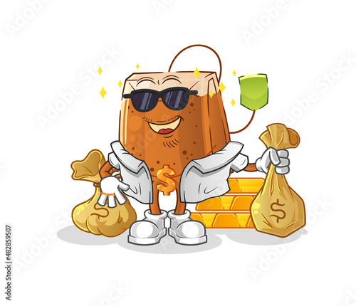 tea bag rich character. cartoon mascot vector