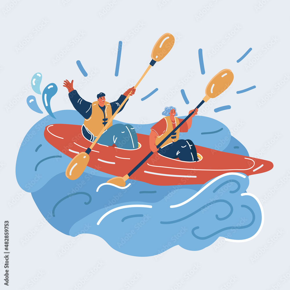 Vector illustration of people in Canoe with woman man with paddle