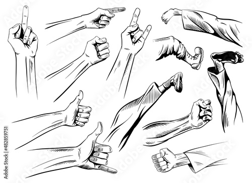 Set kick and fisticuffs comic book, hand drawn vector illustration