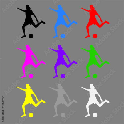 Silhouette of a soccer girl getting ready to kick the ball. 9 different colors. Vector, Editable within AI or similar program. 