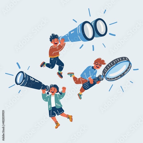 Vector illustration of kids with binoculars telescope, telescope, magnifying glass