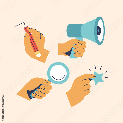 Various Hands holding things. Hands with megaphone, lupe, pencil, star. Vector illustration.