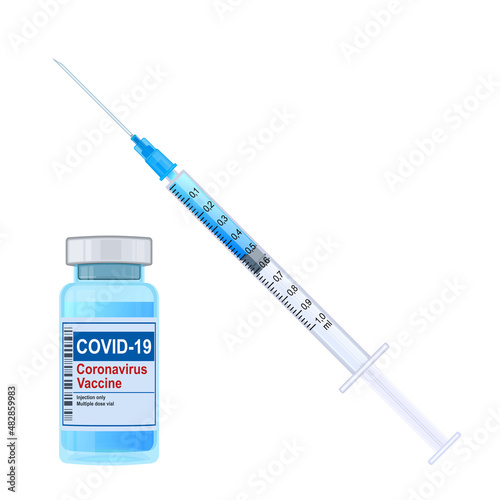Covid-19 vaccine and 1ml disposable syringe with vaccine. Vector illustration isolated on white background.