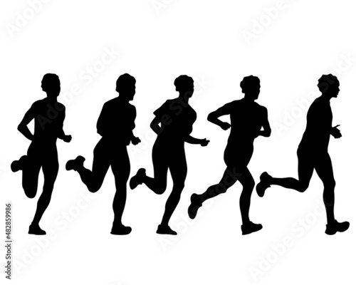 Young athletes women run a marathon. Isolated silhouettes on white background
